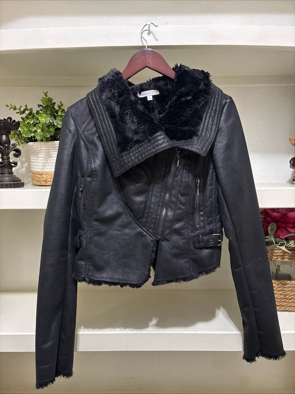 Jennifer Lopez Black Faux Leather With Fur Lining Jacket Size S Metal Hardware
